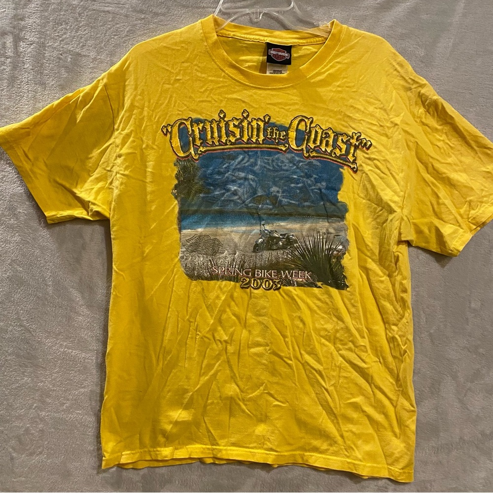 Harley Davidson Shirt Men’s Large Yellow Tee Short Sleeve Cruisin the Coast 2003